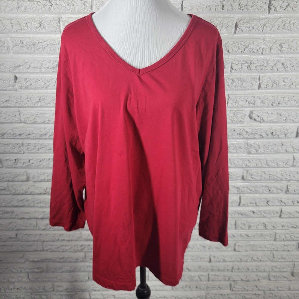 Woman Within 2X Red Cotton Knit Tunic T-Shirt V-Neck Long Sleeve Plus Casual Top